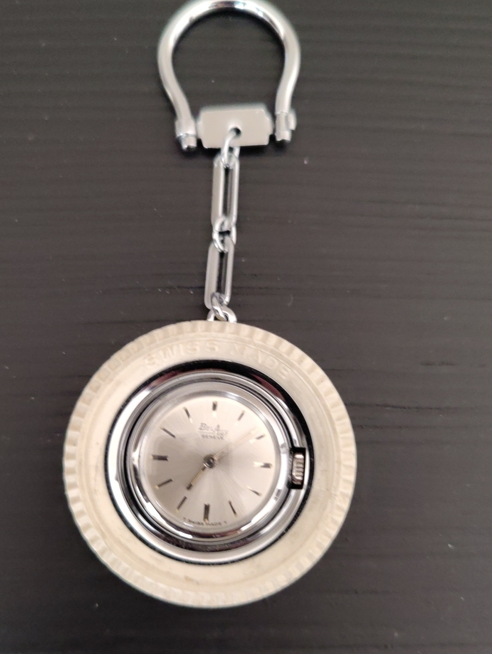 Vintage Silver and Cream Open-Back Pocket Watch Keychain By Bel Art - Geneve
